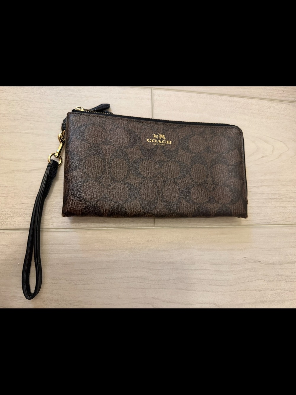 Coach Brown Monogram Leather Wristlet with Gold Logo